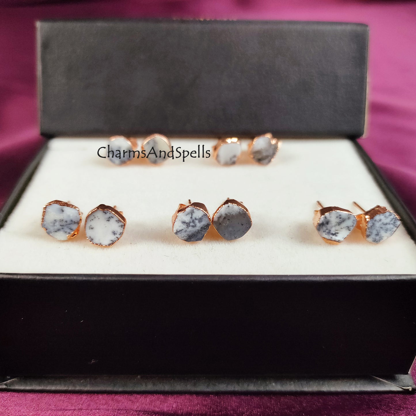 Raw Dendrite Opal Stud Earrings | Natural Crystal Earrings Healing Stone