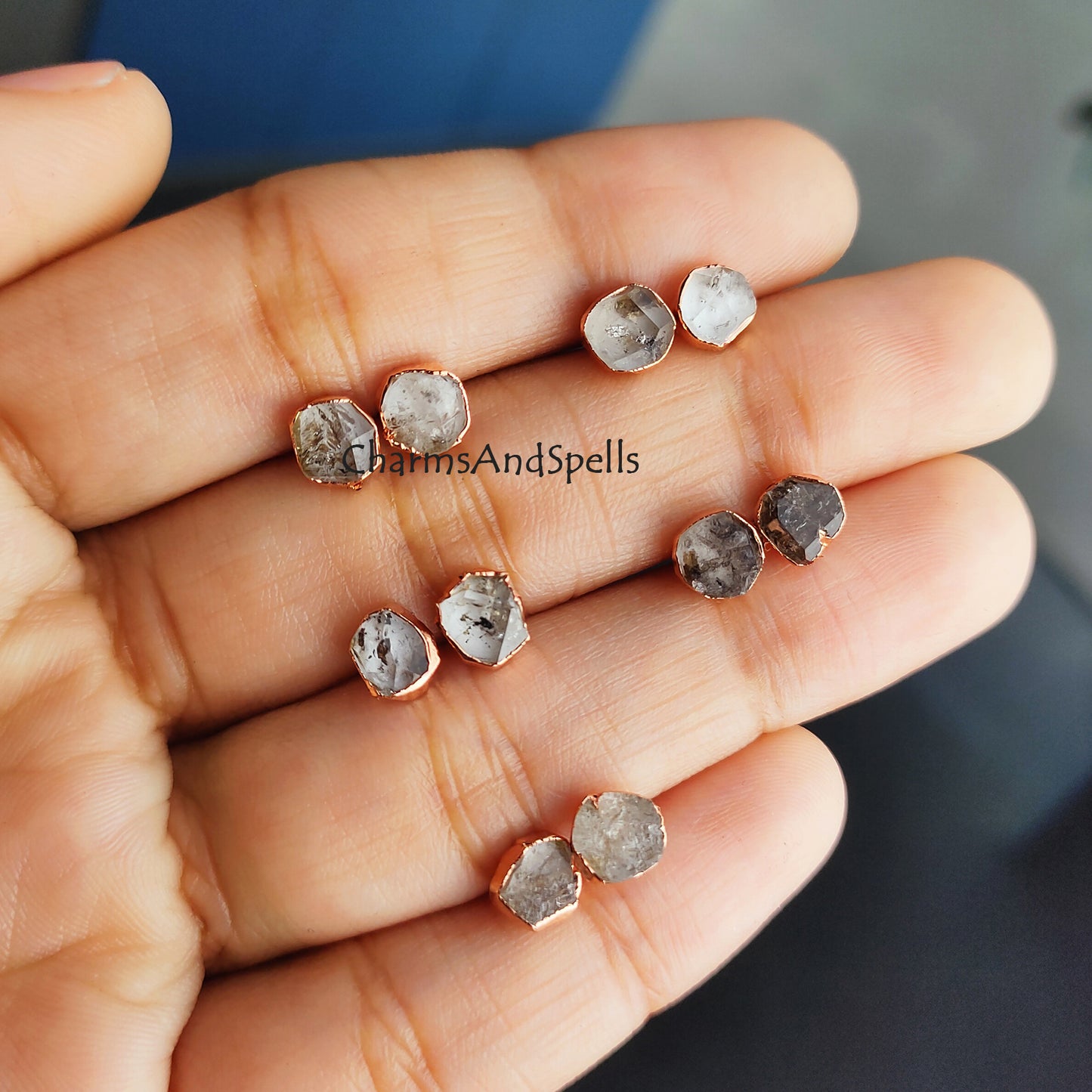 Tiny Herkimer Diamond Stud Earrings| Dainty Gold Electroplated Minimalist Jewelry