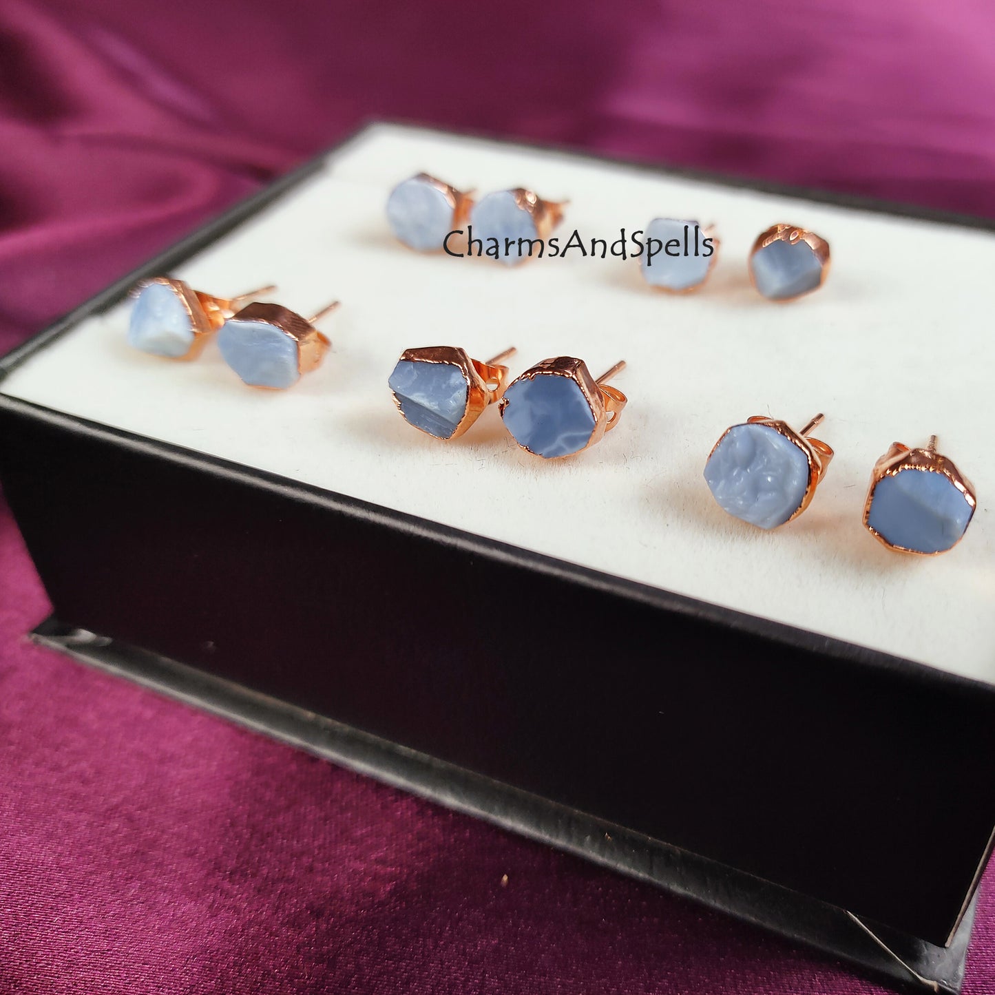 Raw Blue Opal Stud Earrings | Natural Crystal Earrings October Birthstone