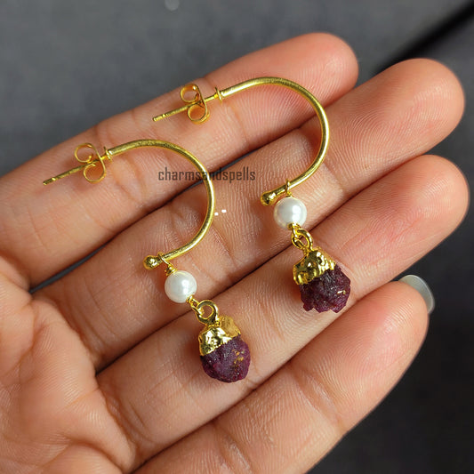 Natural Raw Ruby Dangle Earrings | Boho Semi-Precious Pink Stone