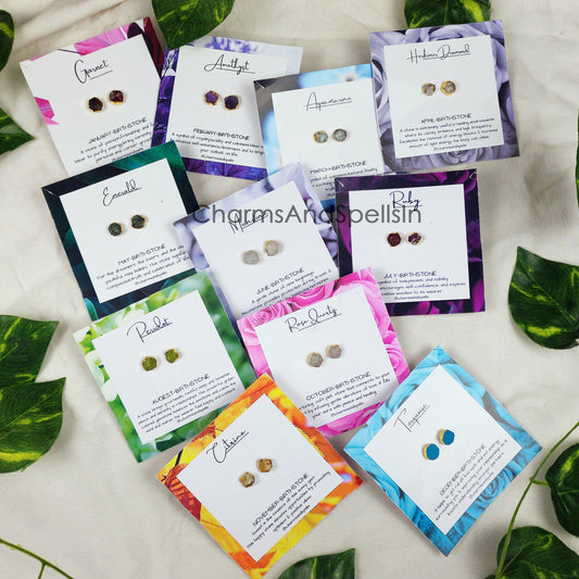 Natural Rough Gemstone Stud Earrings | Birthstone Jewelry