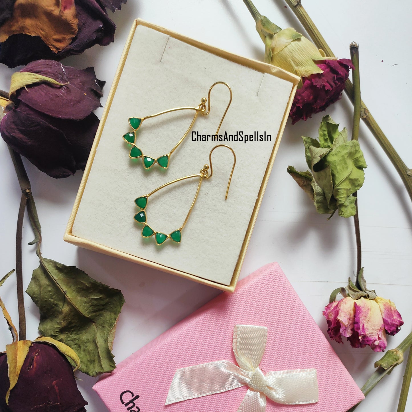 Green Onyx Dangle Earrings | Handmade Gold Plated Natural Gemstone