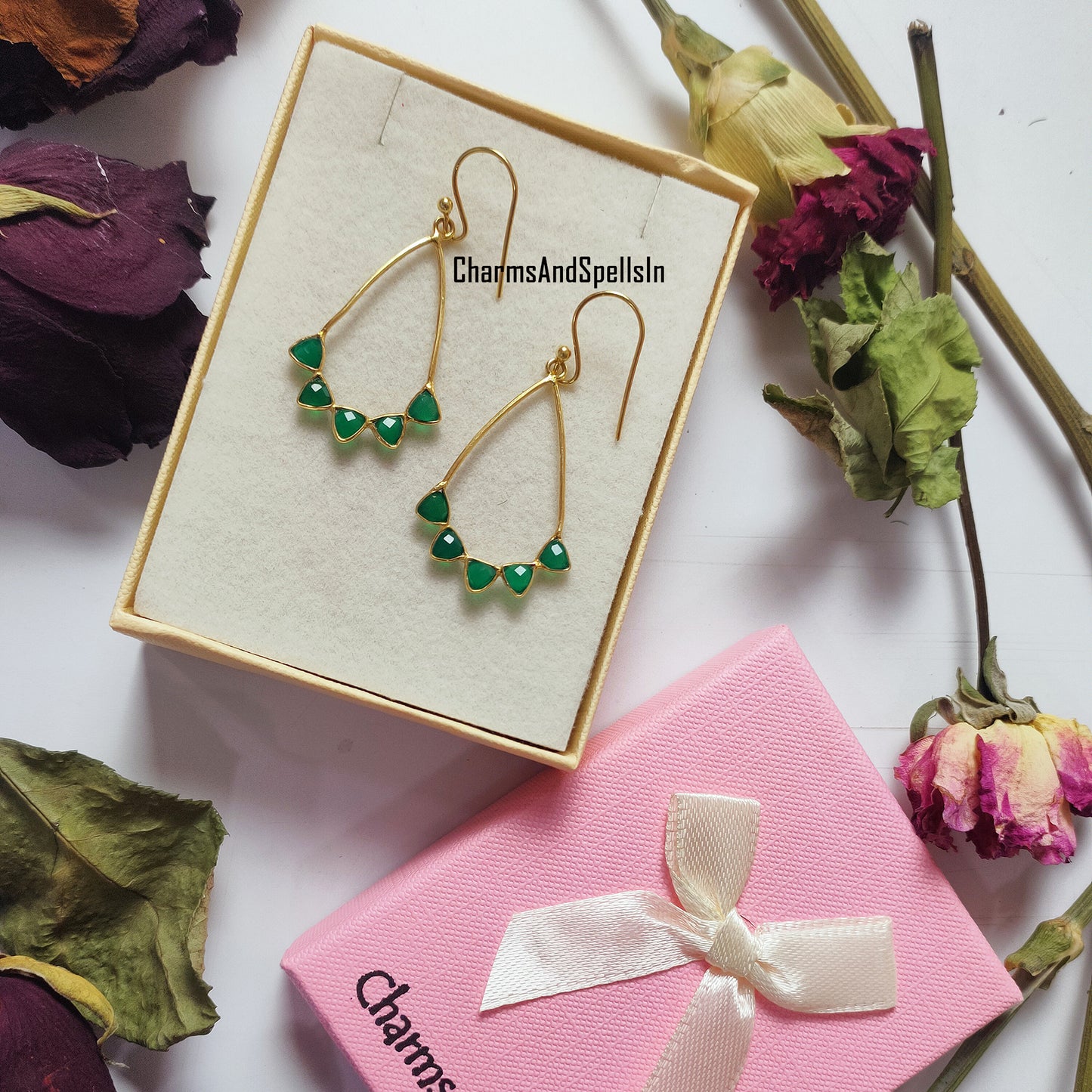 Green Onyx Dangle Earrings | Handmade Gold Plated Natural Gemstone