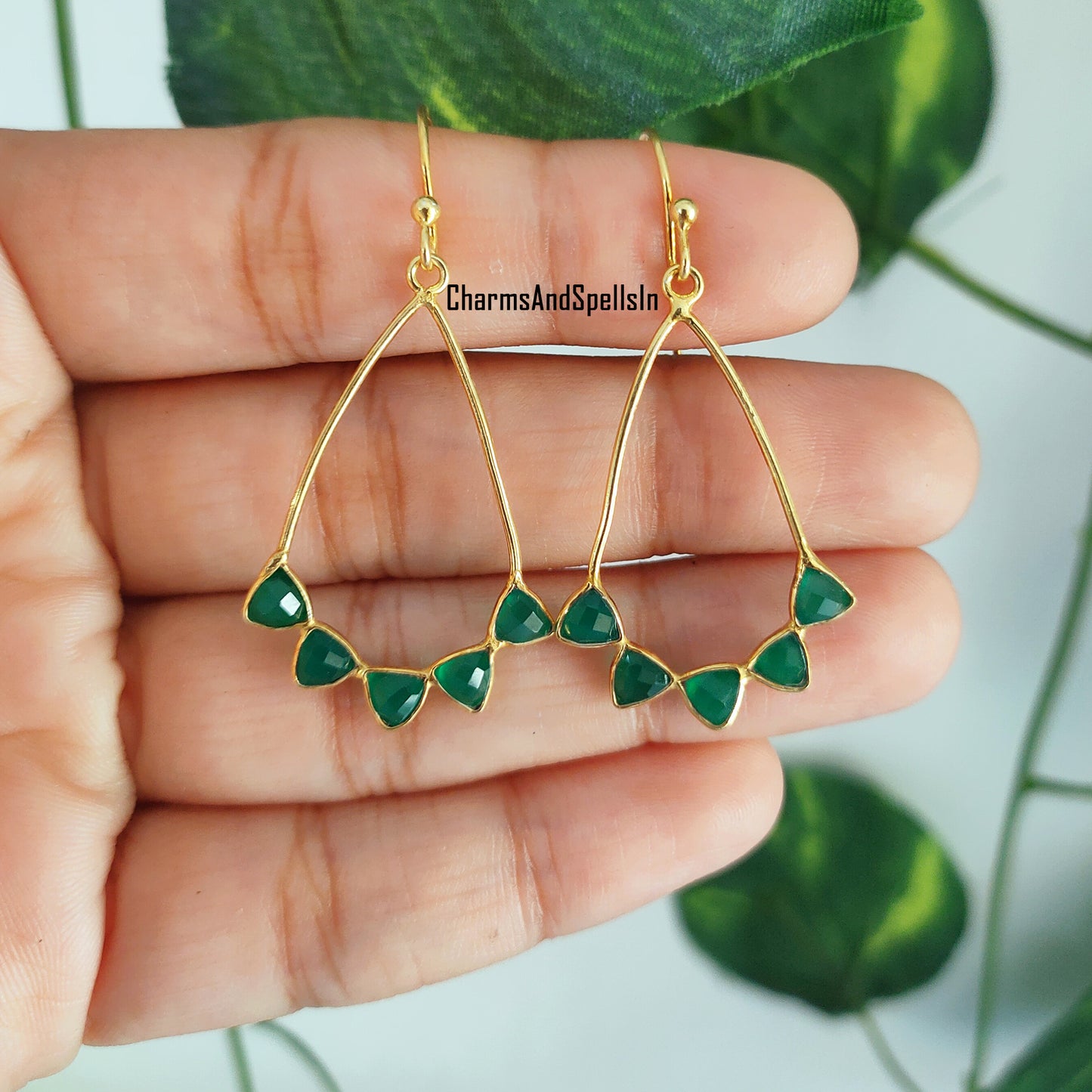 Green Onyx Dangle Earrings | Handmade Gold Plated Natural Gemstone