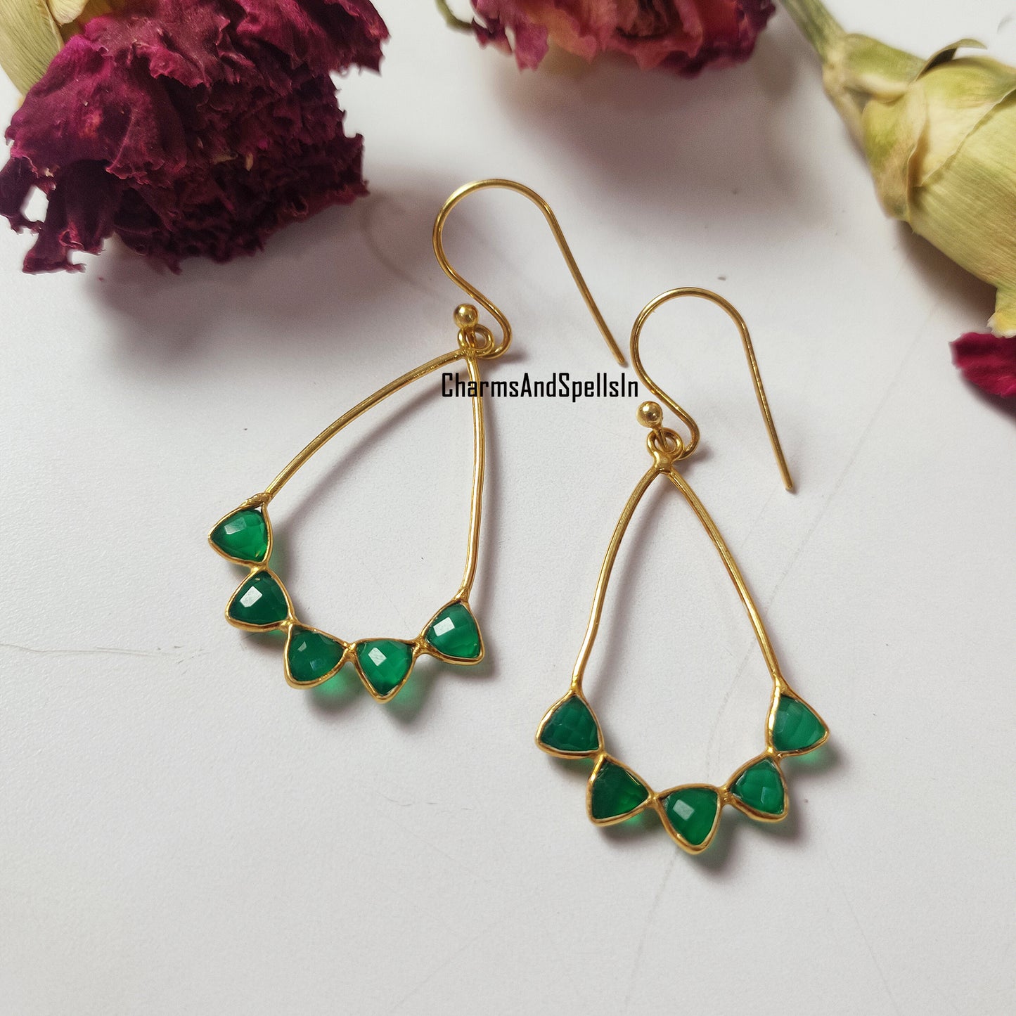 Green Onyx Dangle Earrings | Handmade Gold Plated Natural Gemstone