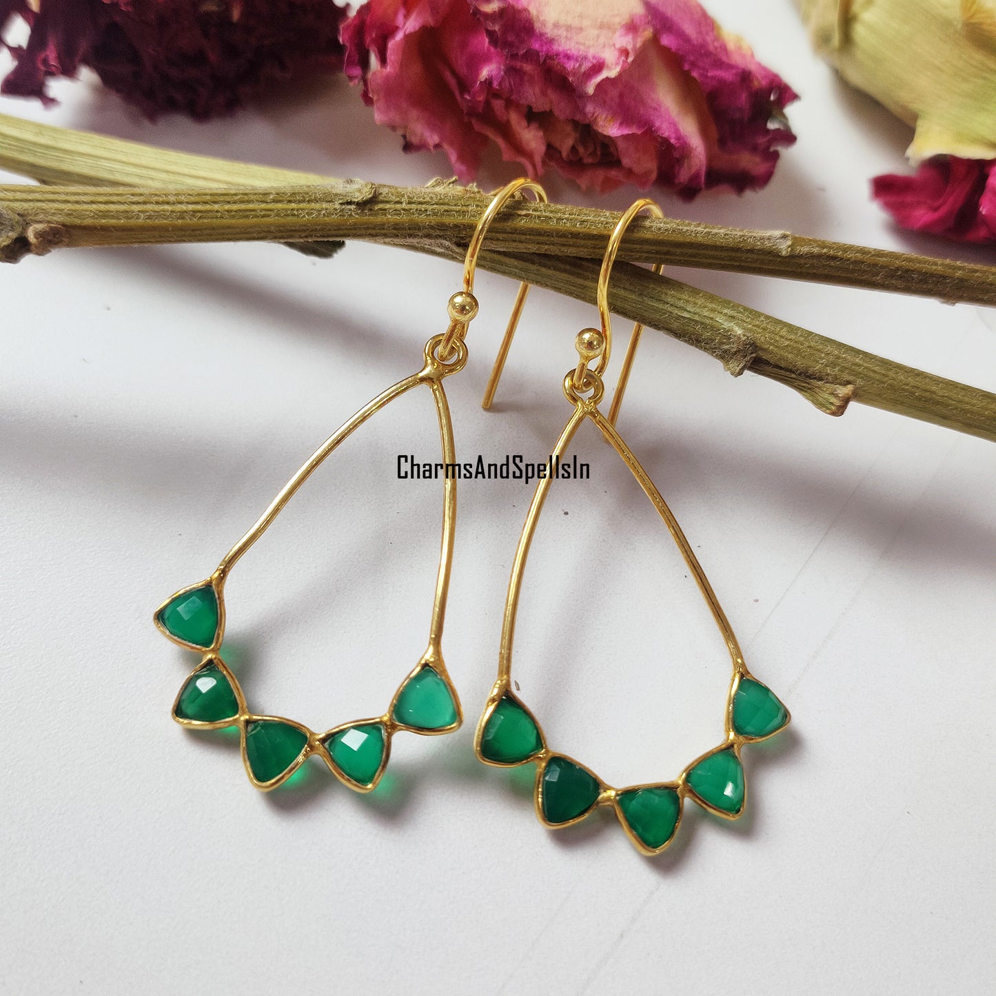 Green Onyx Dangle Earrings | Handmade Gold Plated Natural Gemstone