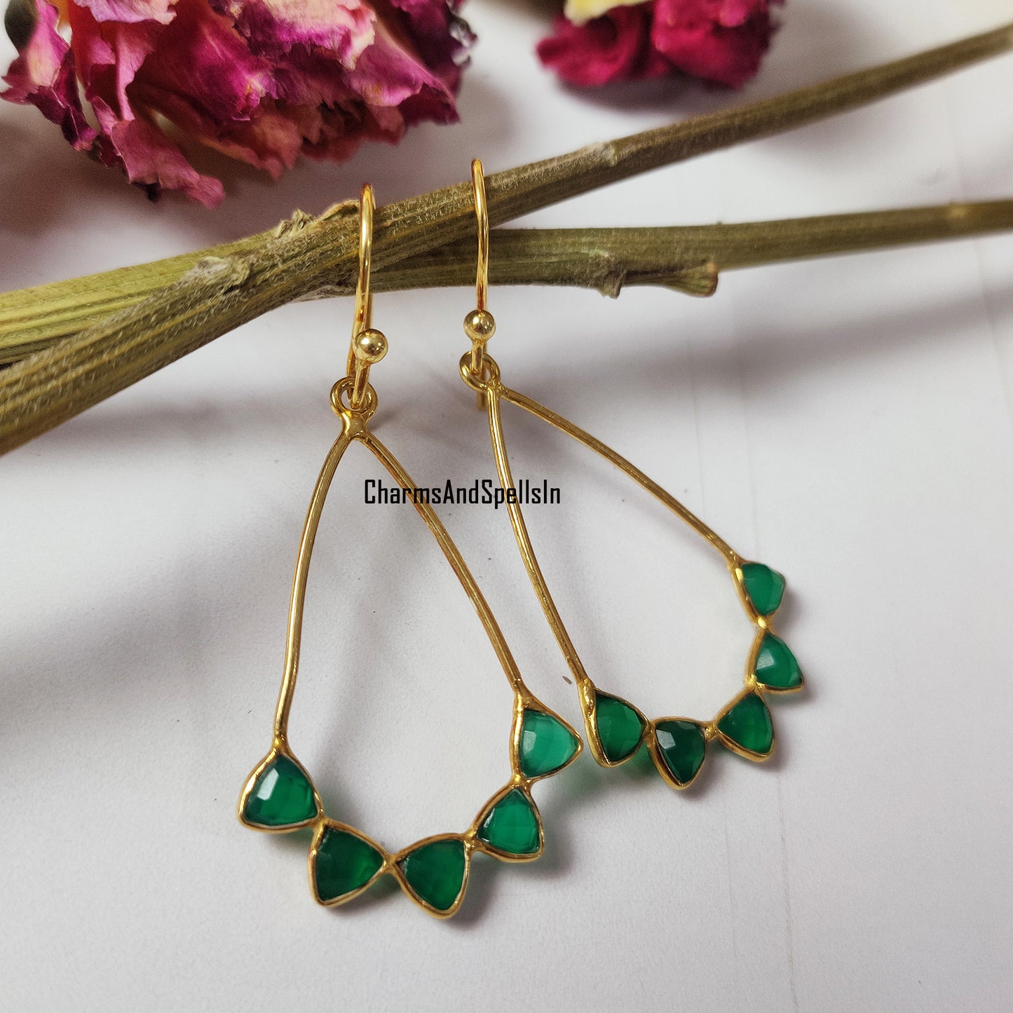 Green Onyx Dangle Earrings | Handmade Gold Plated Natural Gemstone