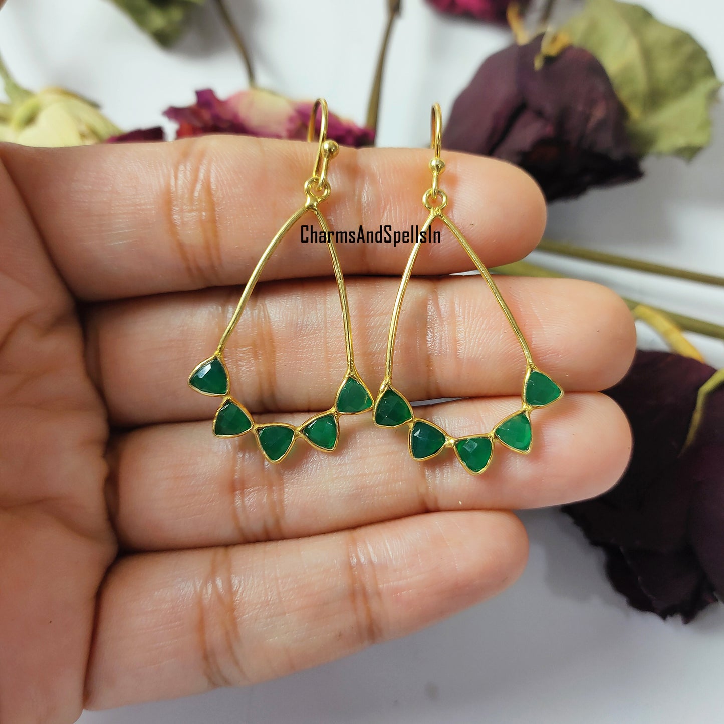 Green Onyx Dangle Earrings | Handmade Gold Plated Natural Gemstone