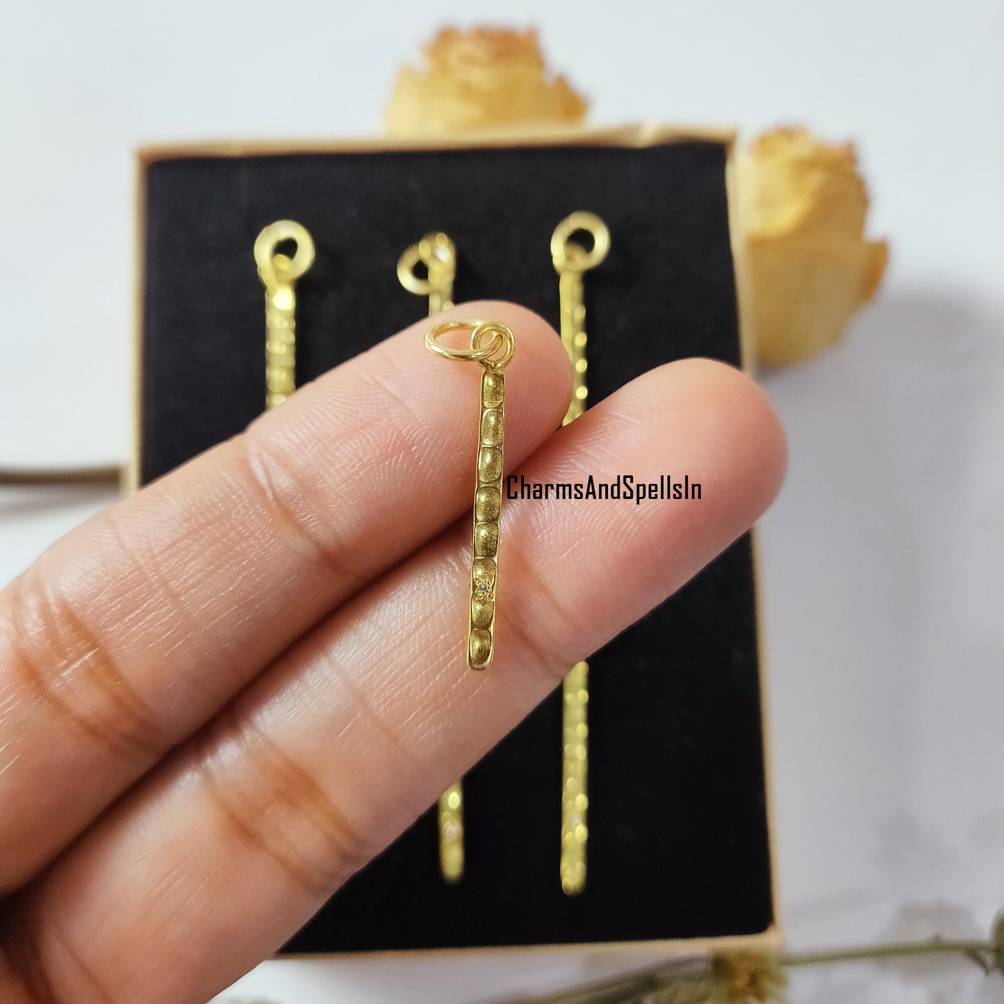Dainty CZ Bar Pendant Necklace | Hammered Cubic Zirconia Handmade