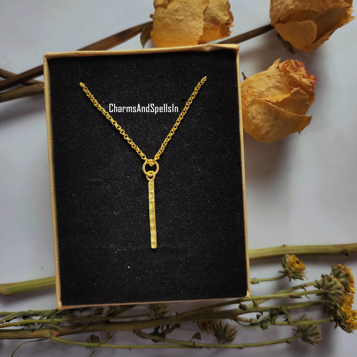 Dainty CZ Bar Pendant Necklace | Hammered Cubic Zirconia Handmade