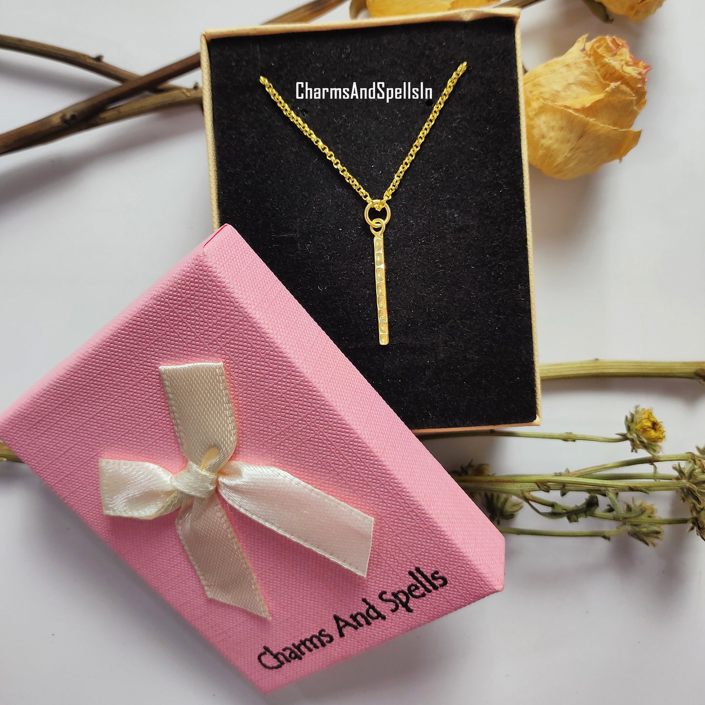 Dainty CZ Bar Pendant Necklace | Hammered Cubic Zirconia Handmade
