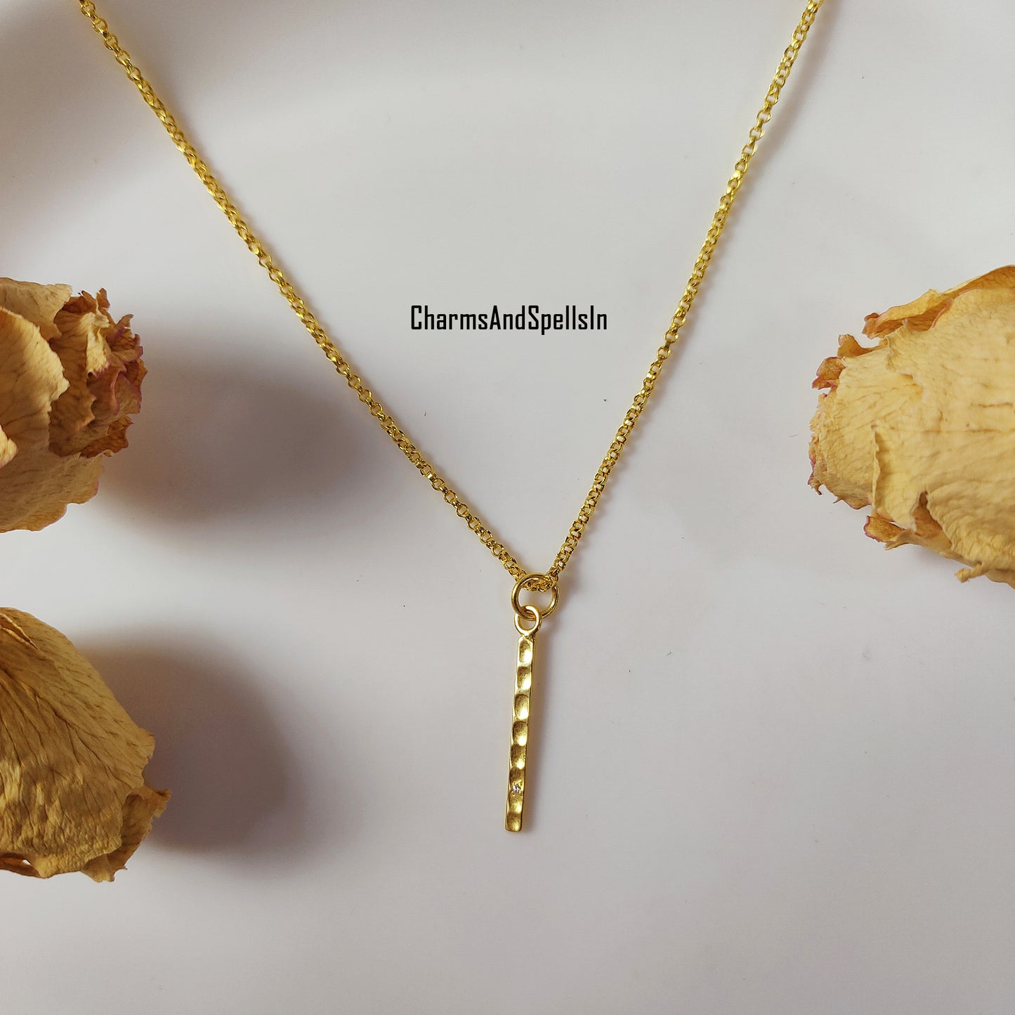 Dainty CZ Bar Pendant Necklace | Hammered Cubic Zirconia Handmade
