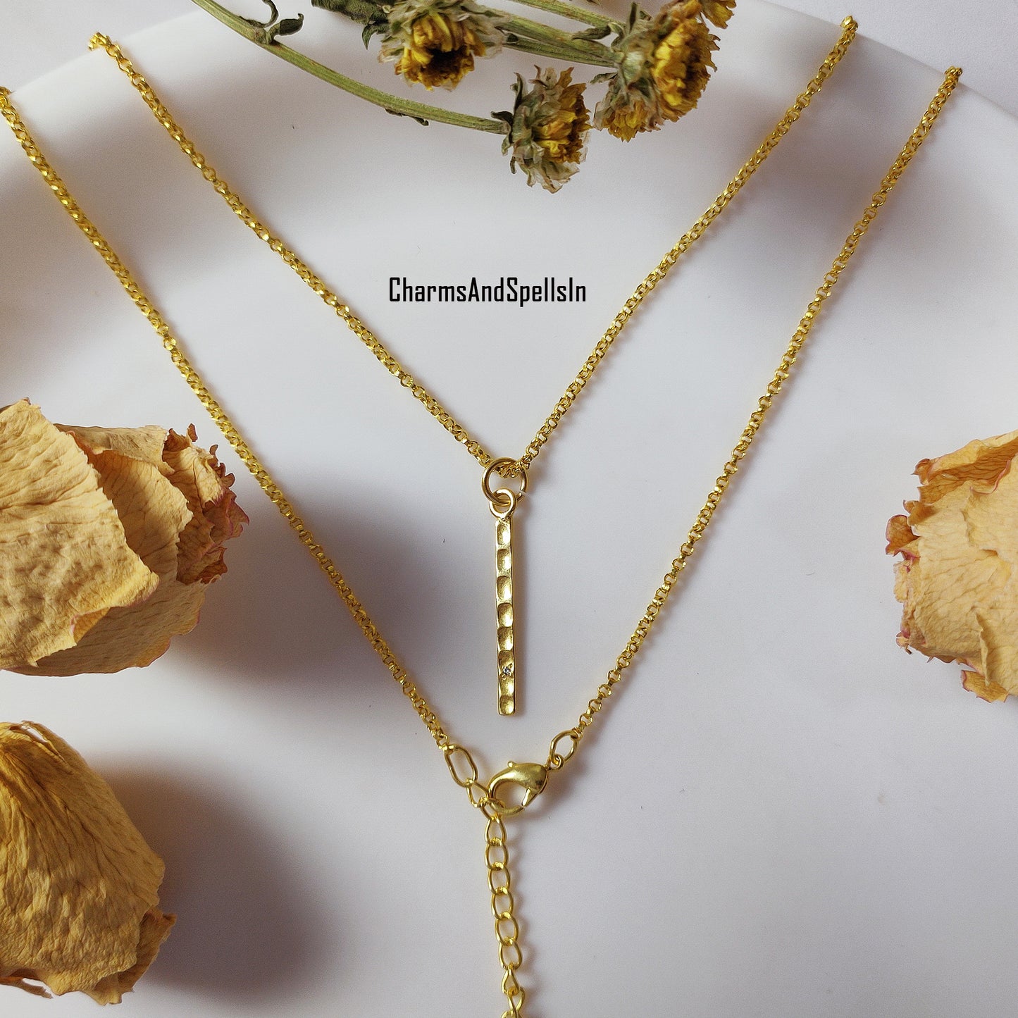 Dainty CZ Bar Pendant Necklace | Hammered Cubic Zirconia Handmade