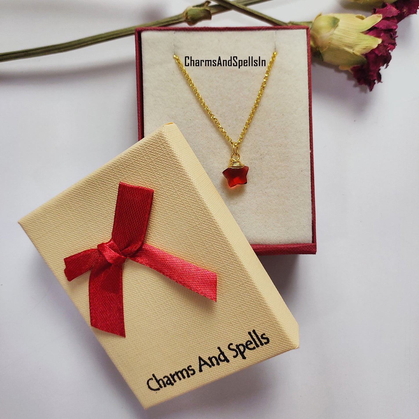 Garnet Necklace, January Birthstone Jewelry, Dainty Wire Wrapped Garnet Charm, Star Shape Necklace, Healing Stone,Unique Party Wear Necklace