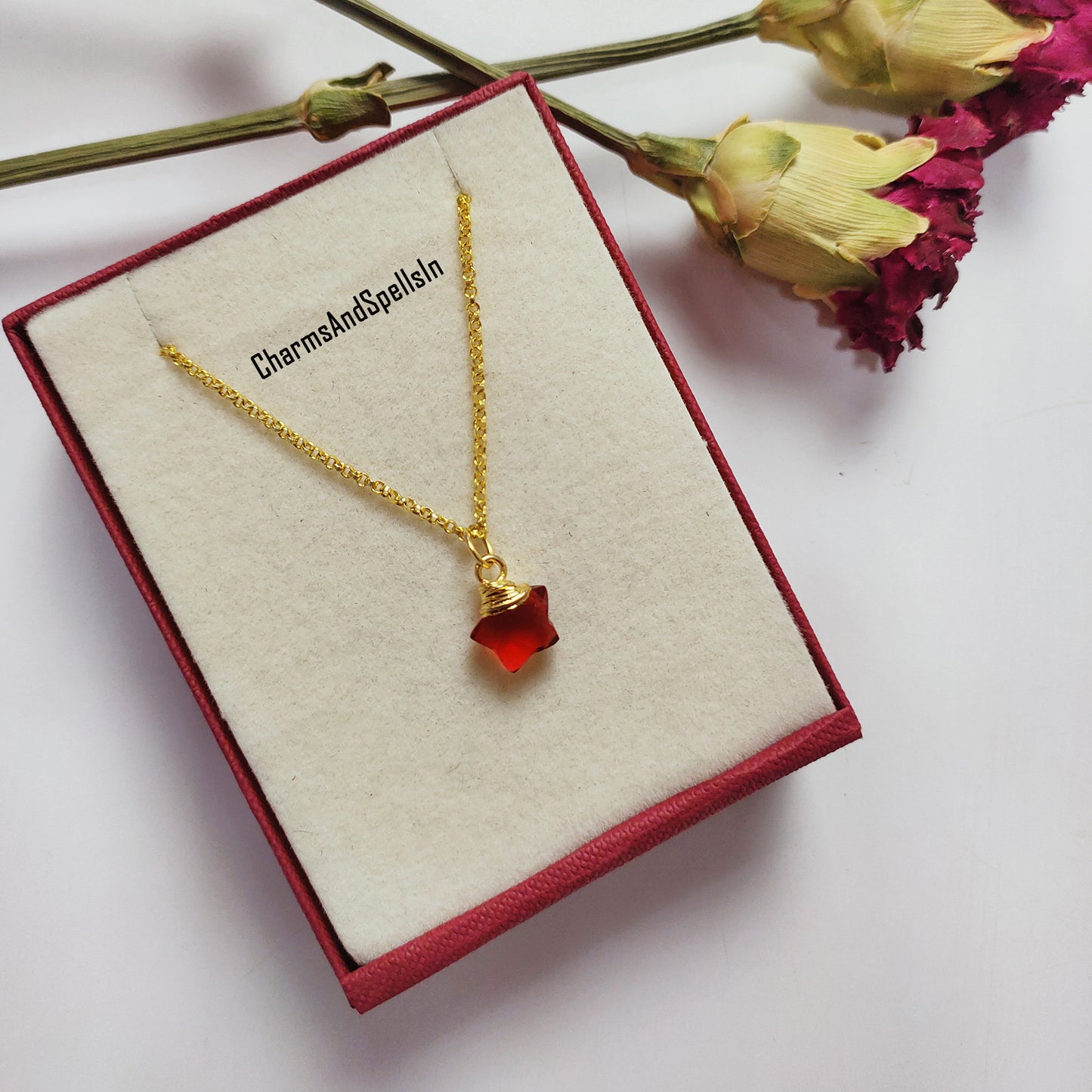 Garnet Necklace, January Birthstone Jewelry, Dainty Wire Wrapped Garnet Charm, Star Shape Necklace, Healing Stone,Unique Party Wear Necklace