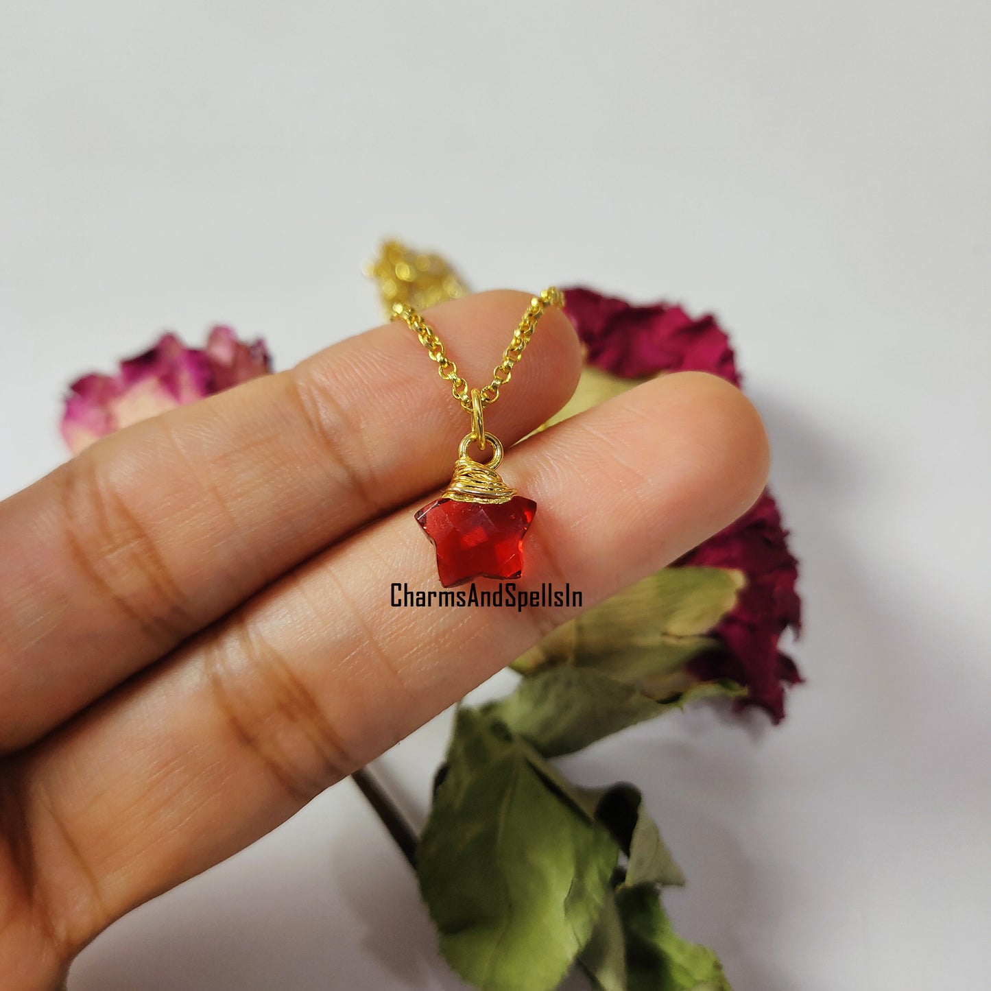 Garnet Necklace, January Birthstone Jewelry, Dainty Wire Wrapped Garnet Charm, Star Shape Necklace, Healing Stone,Unique Party Wear Necklace