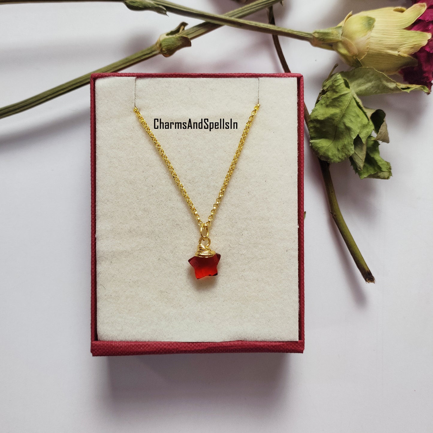 Garnet Necklace, January Birthstone Jewelry, Dainty Wire Wrapped Garnet Charm, Star Shape Necklace, Healing Stone,Unique Party Wear Necklace