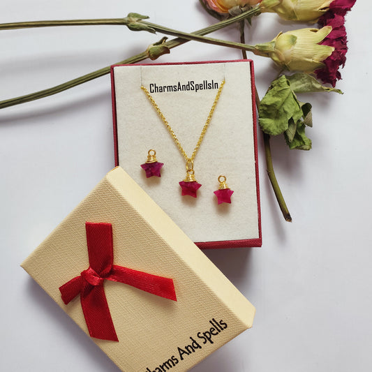 Pink Ruby Star Pendant Necklace | Boho July Birthstone Wire Wrapped Jewelry