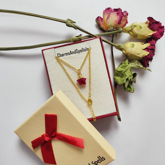 Pink Ruby Star Pendant Necklace | Boho July Birthstone Wire Wrapped Jewelry