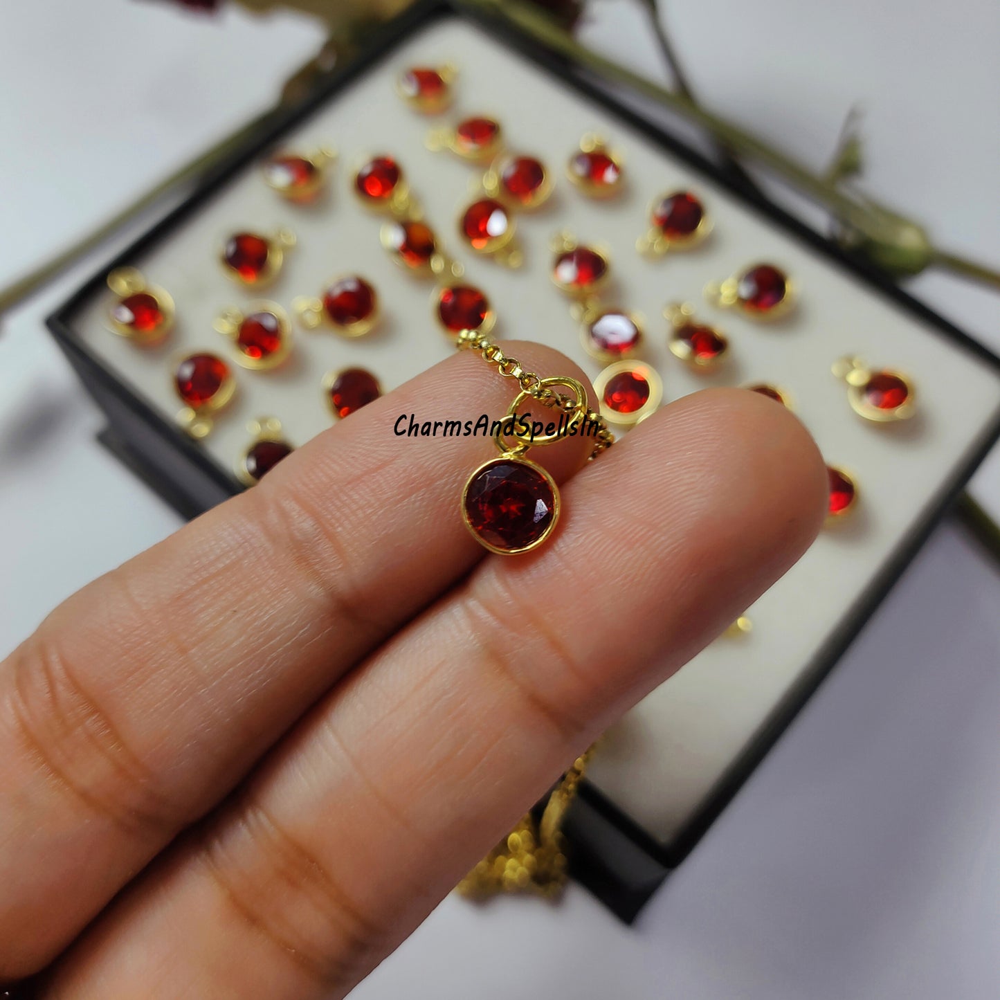 Hydro Color Garnet Gemstone Charm With Chain, CZ Pendant Necklace, Unique Gemstone Woman Necklace, Dainty Stone Jewelry, Boho Necklace, Gift