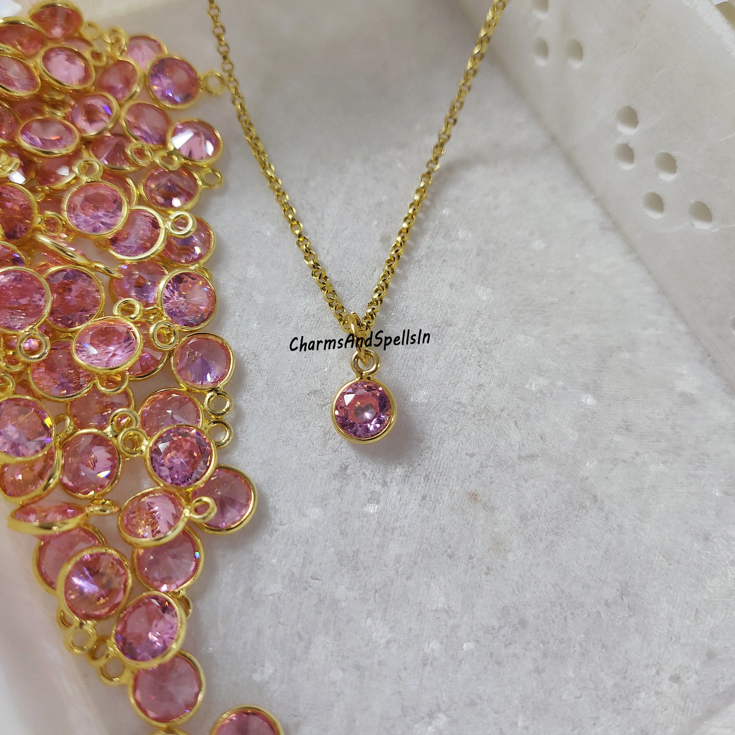 Lovely Pink Quartz Charm With Chain, Unique Necklace, Bridal Jewelry, Cubic Zirconia Necklace, CZ Dimond, Wedding Gift, Gift For Girlfriend