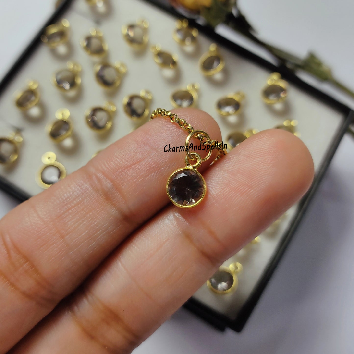 Smoky Quartz CZ Charm With Chain, Hydro Color Smoky Quartz Necklace, Bohemian Jewelry, Unique Smoky CZ Girls Necklace, Wedding Gift, Gift