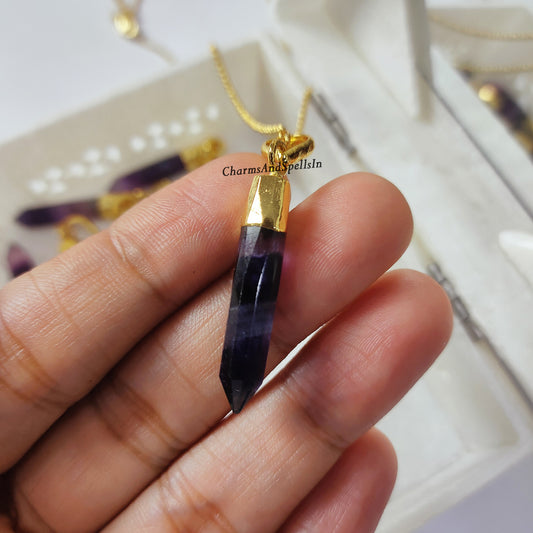 Purple Fluorite Pendant Necklace | Natural Gemstone Point Jewelry | Healing Gift