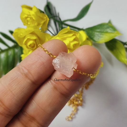 Natural Rose Quartz Necklace | Raw Crystal Boho Jewelry | Healing Stone Gift