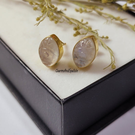 Rainbow Moonstone Evil Eye Stud Earrings | 925 Sterling Silver June Birthstone Gift