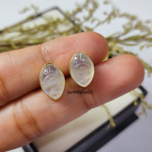 Rainbow Moonstone Evil Eye Stud Earrings | 925 Sterling Silver June Birthstone Gift