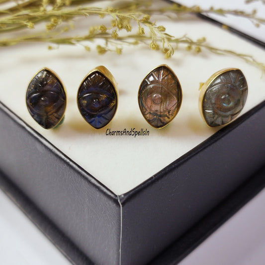 Natural Labradorite Evil Eye Stud Earrings | 925 Sterling Silver Boho Jewelry