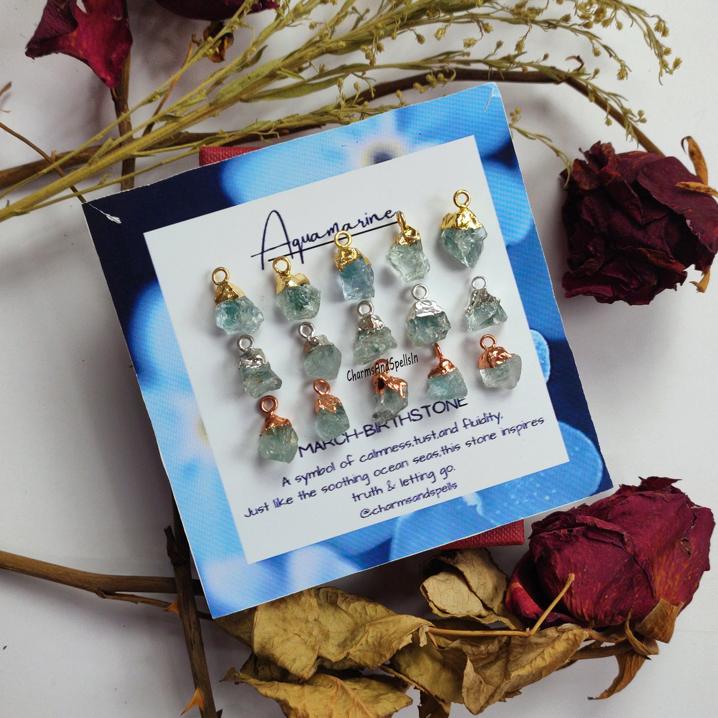 Raw Aquamarine Pendant Connector | Blue Crystal Birthstone Electroplated Jewelry