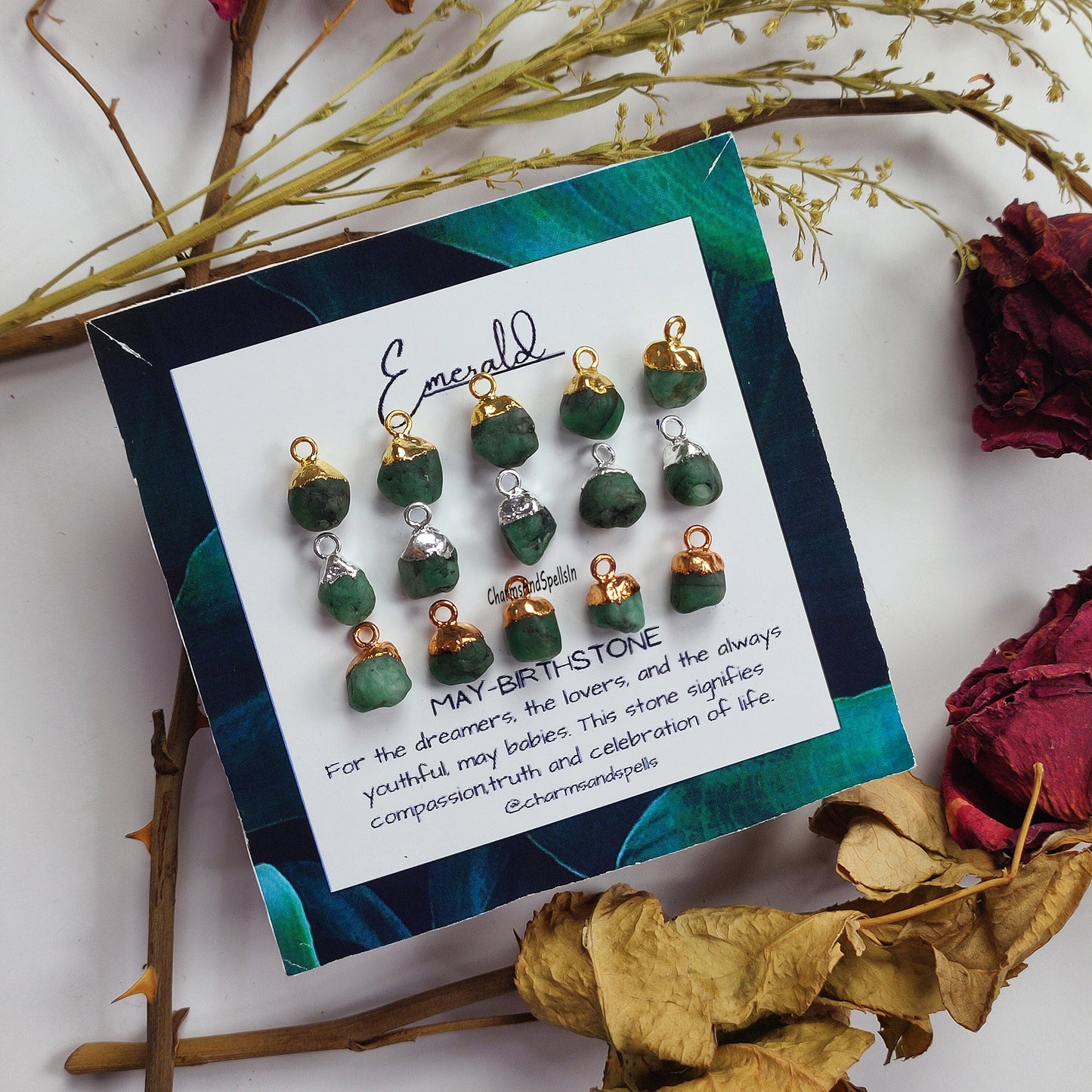 Raw Emerald Pendant Connector | Natural May Birthstone Electroplated Jewelry