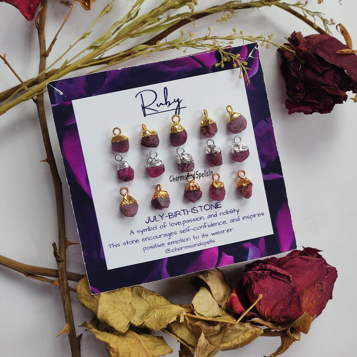 Raw Pink Ruby Pendant Connector | Handmade July Birthstone Electroplated Jewelry