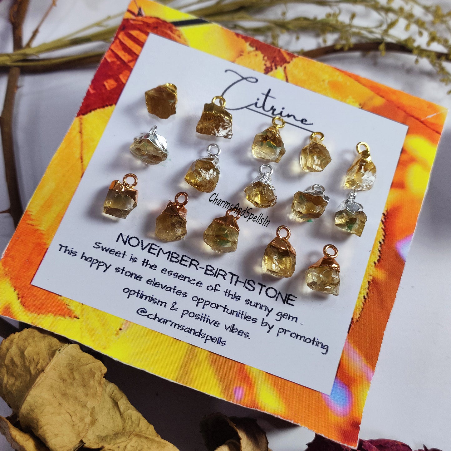 Raw Citrine Gemstone Pendant | Electroplated November Birthstone Jewelry Charm