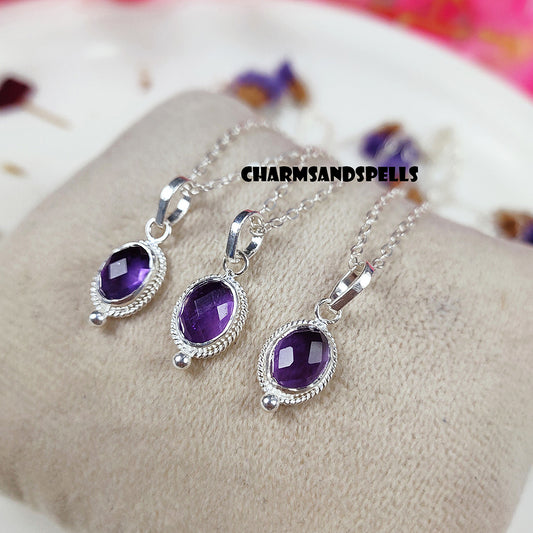 Dainty Amethyst Pendant Necklace | 925 Sterling Silver Tiny Boho Jewelry