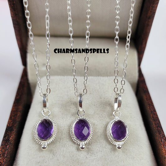 Dainty Amethyst Pendant Necklace | 925 Sterling Silver Tiny Boho Jewelry