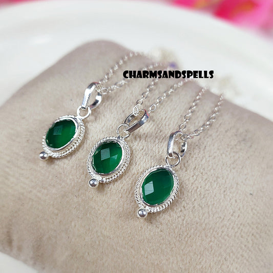 Dainty Green Onyx Pendant Necklace | 925 Sterling Silver Natural Gemstone Jewelry