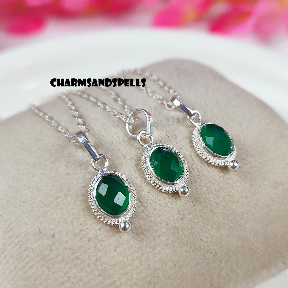 Dainty Green Onyx Pendant Necklace | 925 Sterling Silver Natural Gemstone Jewelry