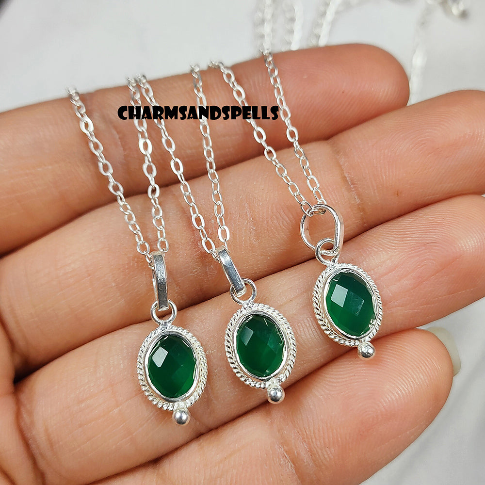 Dainty Green Onyx Pendant Necklace | 925 Sterling Silver Natural Gemstone Jewelry