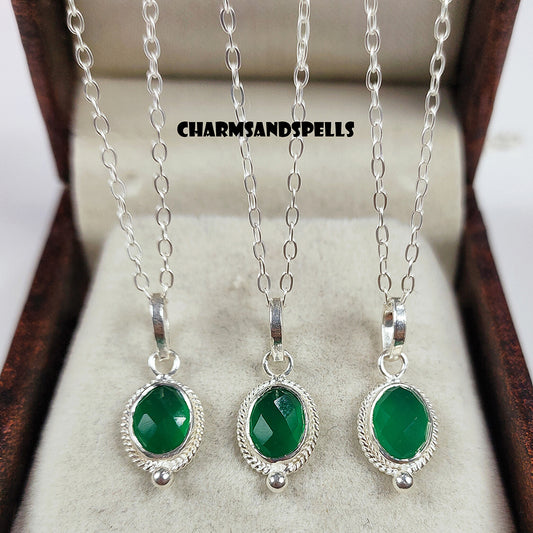 Dainty Green Onyx Pendant Necklace | 925 Sterling Silver Natural Gemstone Jewelry
