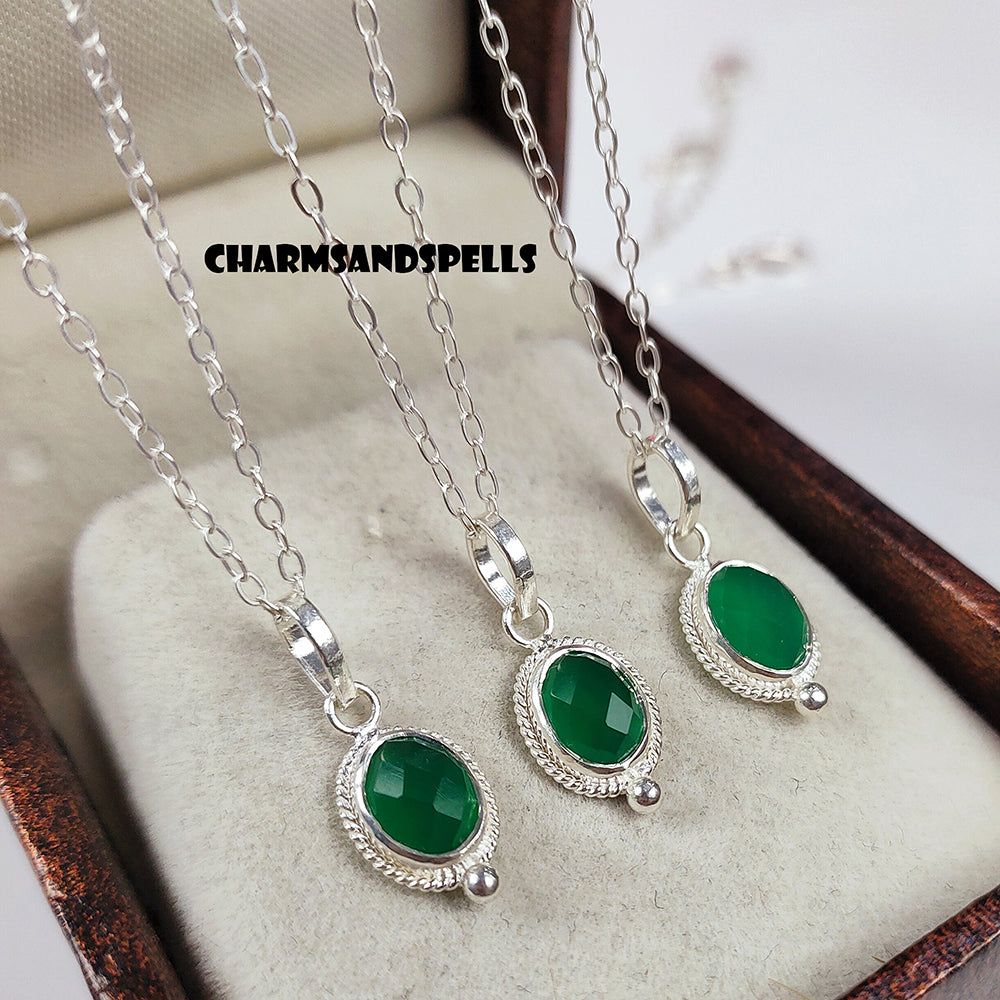 Dainty Green Onyx Pendant Necklace | 925 Sterling Silver Natural Gemstone Jewelry
