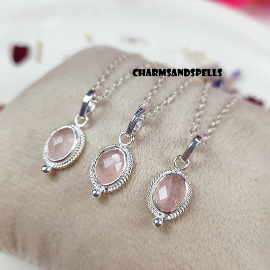 Dainty Rose Quartz Pendant Necklace | 925 Sterling Silver Crystal Jewelry