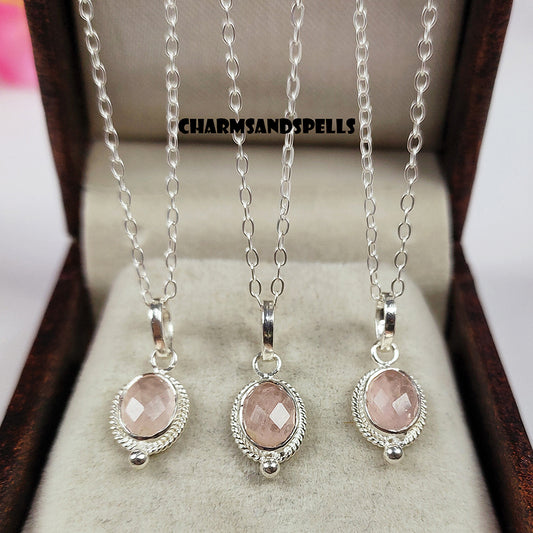 Dainty Rose Quartz Pendant Necklace | 925 Sterling Silver Crystal Jewelry
