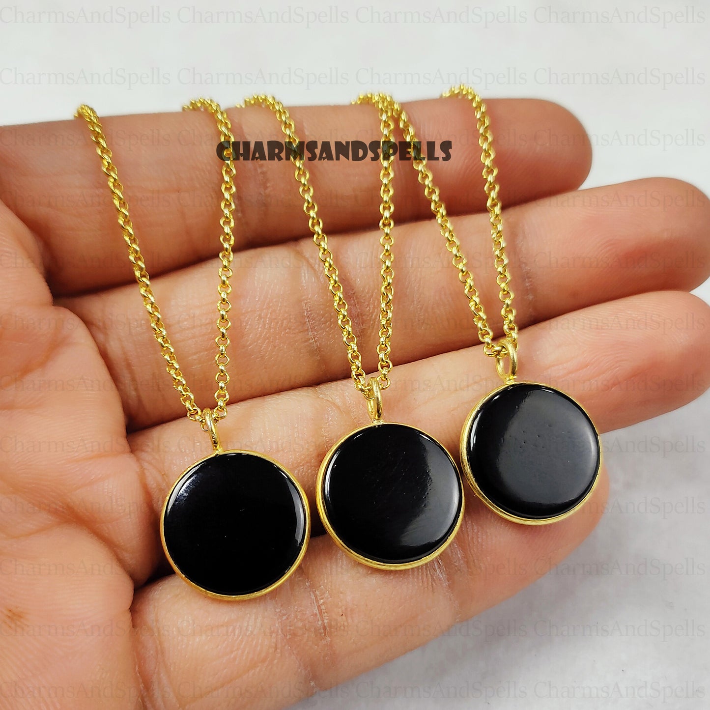 Black Onyx Circle Pendant Necklace, Minimalist 14K Gold Jewelry