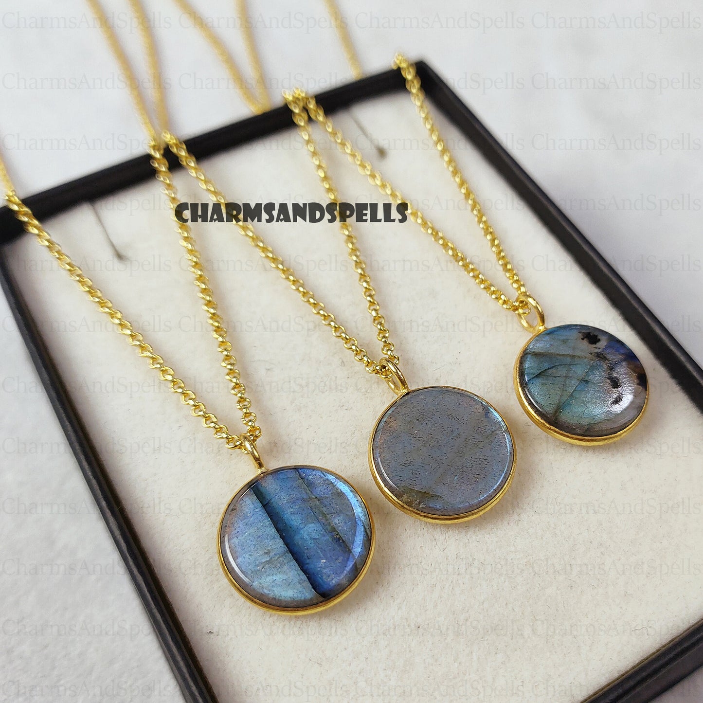 Labradorite Pendant Necklace, Blue Flash Coin Jewelry, Handmade jewelry