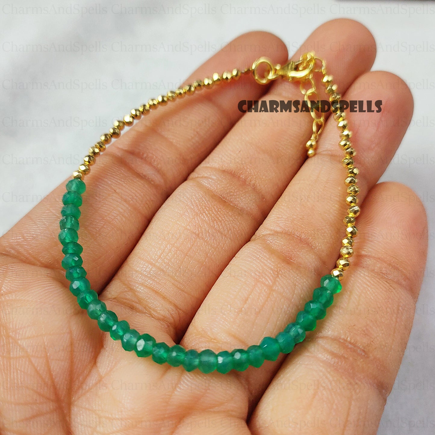 Minimalist Green Onyx Bracelet - Natural Stone Dainty Bracelet- Healing Crystal Yoga Bracelet - Spiritual Protection May Birthstone Gift