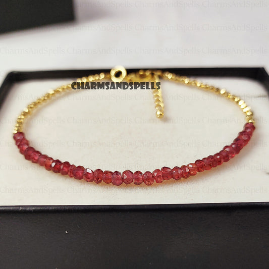 Natural Red Garnet Bracelet, Beaded Crystal Jewelry, January Birthstone
