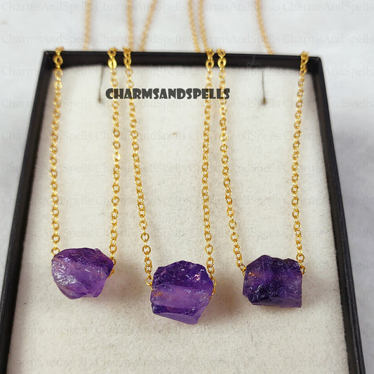 Natural Amethyst Pendant Necklace | February Birthstone Layered Raw Gemstone Jewelry