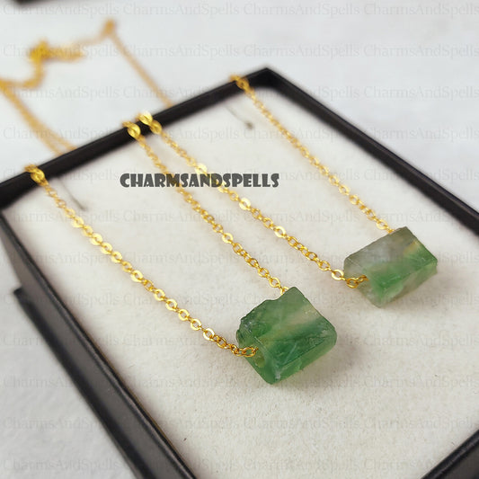Raw Green Fluorite Pendant Necklace | Handmade Boho Crystal Gemstone Jewelry